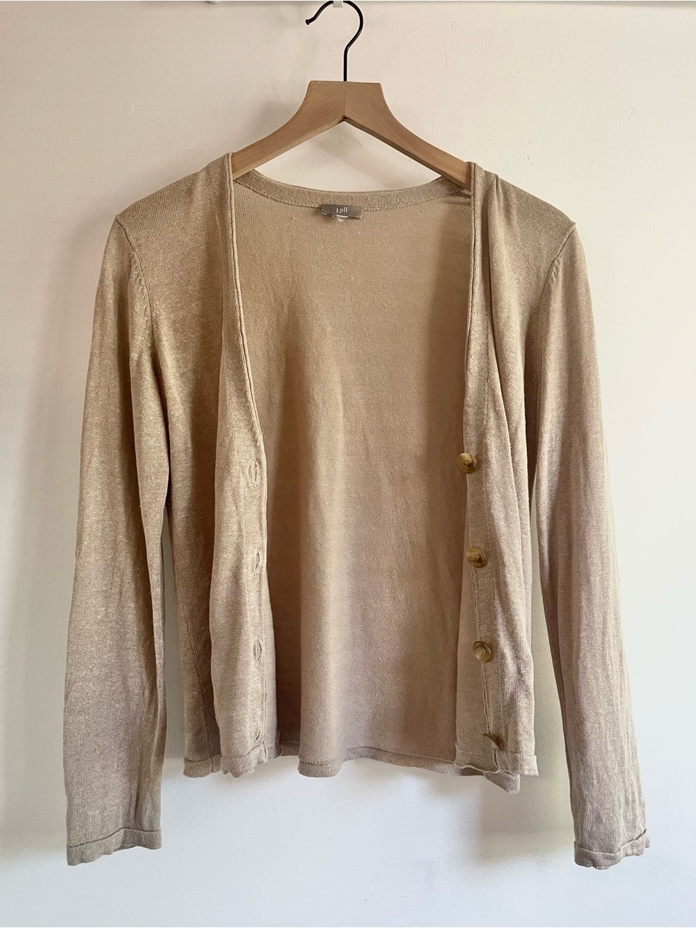 J. Jill Linen Blend V-Neck Button Cardigan Sweater Tan Size M Lightweight Knit